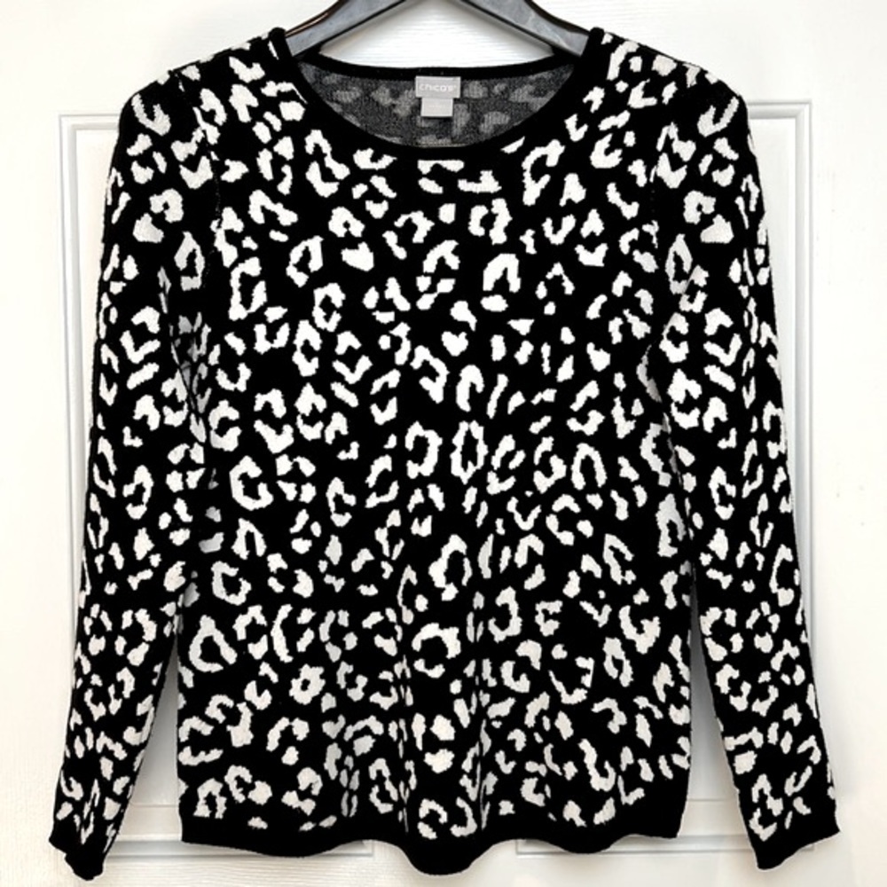 Chico’s Animal Print Sweater Crewneck Small (Chico’s 0) Black White